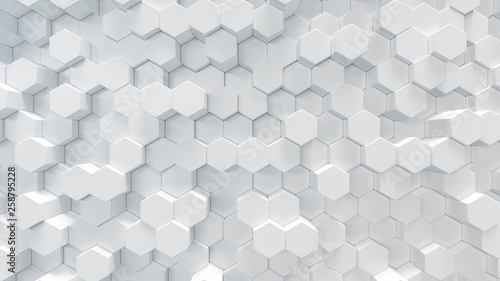 3D illustration white geometric hexagon abstract background. Surface hexagon pattern, hexagonal honeycomb.