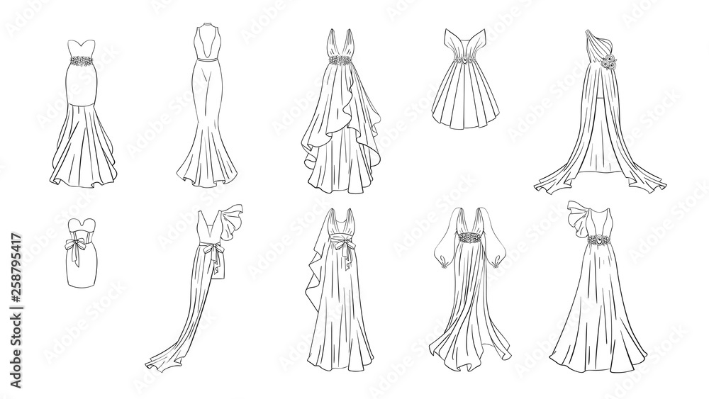 A set of different dresses. Modern and classic style. Dresses for prom, gala evening, wedding, masquerade, points. A set of different dresses. Modern and classic style. Dresses for prom, gala evening, wedding, masquerade, points.