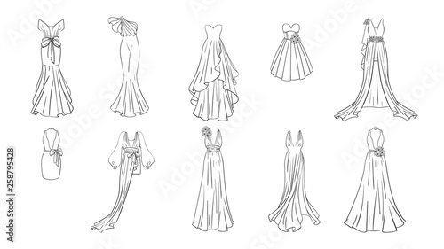 A set of different dresses. Modern and classic style. Dresses for prom, gala evening, wedding, masquerade, points. 
