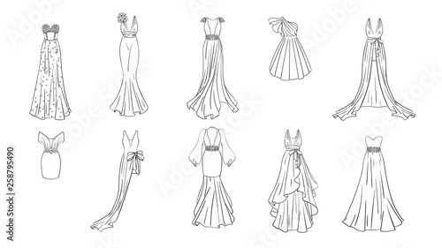 A set of different dresses. Modern and classic style. Dresses for prom, gala evening, wedding, masquerade, points. 