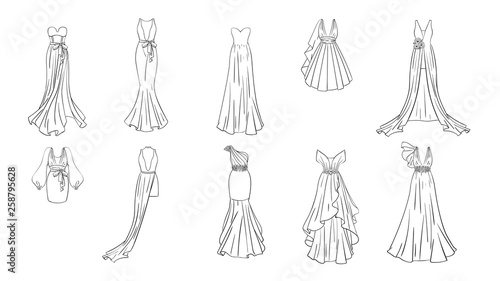 A set of different dresses. Modern and classic style. Dresses for prom, gala evening, wedding, masquerade, points. 