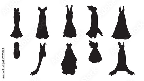 A set of different dresses. Modern and classic style. Dresses for prom, gala evening, wedding, masquerade, points. 