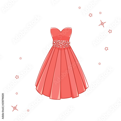 Model dress for prom, ball, solemn event. Ruffles and ornaments on the dress. Clothing design.