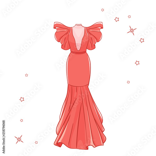 Model dress for prom, ball, solemn event. Ruffles and ornaments on the dress. Clothing design.