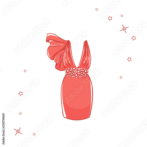 Model dress for prom, ball, solemn event. Ruffles and ornaments on the dress. Clothing design.