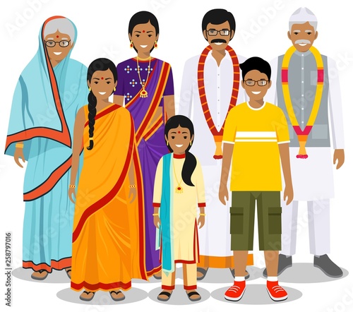 Family and social concept. Indian person generations at different ages. Set of people in traditional national clothes: grandmother, grandfather, father, mother, boy, girl standing together. Vector.