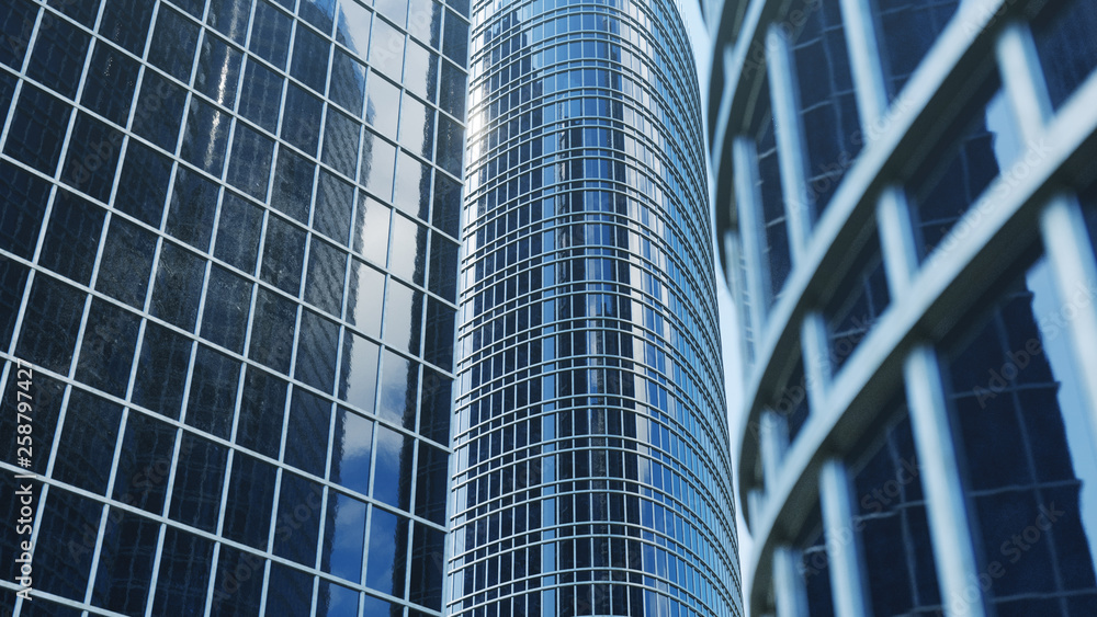Front view of skyscrapers. Skyscrapers looking front view. Front view of modern skyscrapers in business district in daylight. Business concept of success, 3D illustration Front view of skyscrapers. Skyscrapers looking front view. Front view of modern skyscrapers in business district in daylight. Business concept of success, 3D illustration