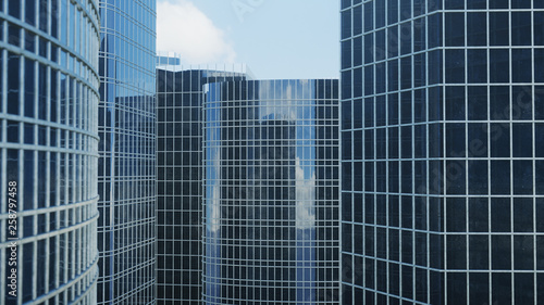 Front view of skyscrapers. Skyscrapers looking front view. Front view of modern skyscrapers in business district in daylight. Business concept of success, 3D illustration