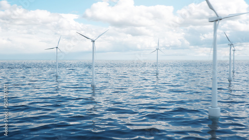 Wind farm turbines caught in sunlight sky. Beautiful contrast with the blue sea. ecological concept, 3d illustration