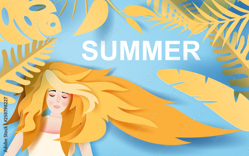illustration of Beautiful lady girl with long hair wear summer trip with tropical leaf life nature decoration.portrait of young cute woman with long hair relaxing in summertime.paper cut,craft.vector.