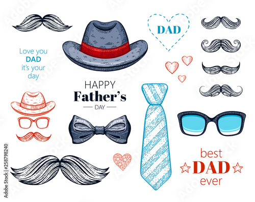 Happy Father s day elements set. Hand drawn old sketch graphic, color line art. Butterfly tie, retro fedora hat, mustaches. Trendy vintage icon collection isolated on white background with slogan text