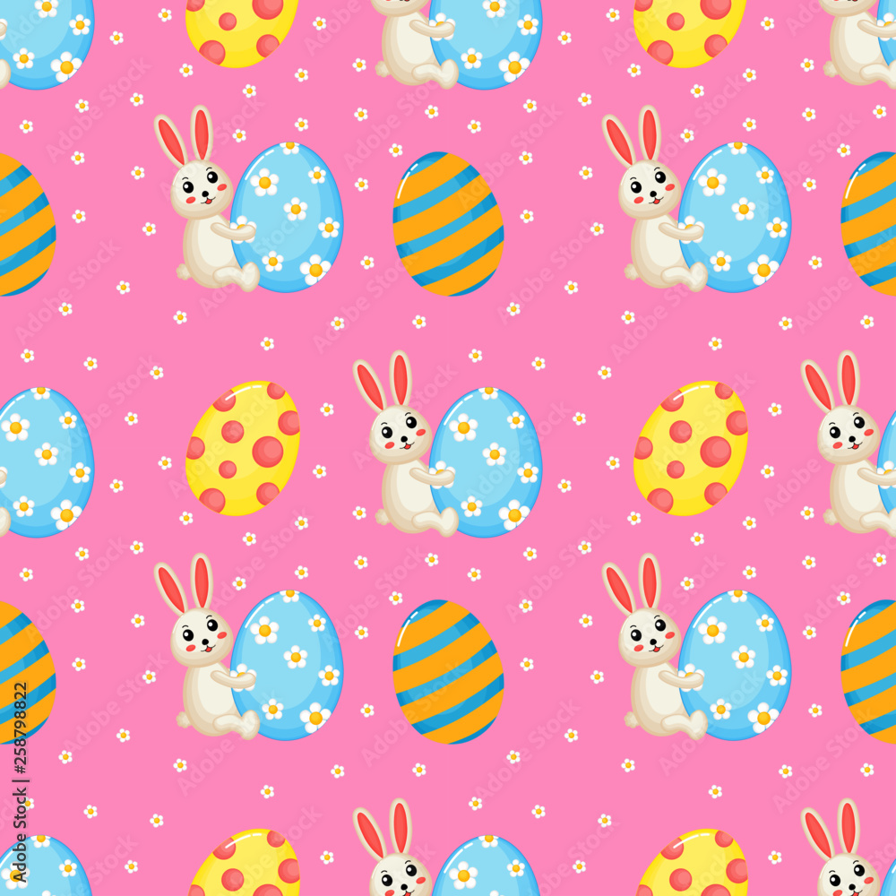 Happy Easter cute seamless pattern of lovely rabbits. bunny and egg. textile, wrapping, wallpapers. isolated on pink background. Happy Easter cute seamless pattern of lovely rabbits. bunny and egg. textile, wrapping, wallpapers. isolated on pink background.