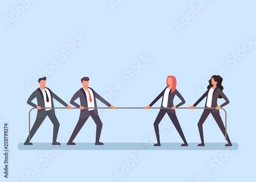 Man and woman business people characters office workers pulling rope. Man vs woman competition. Vector flat cartoon graphic design web banner poster page concept