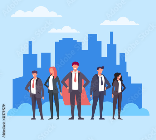 Businessman office worker man character superhero in red cape and his workers team. Successful business concept. Vector flat cartoon graphic design web banner poster page concept
