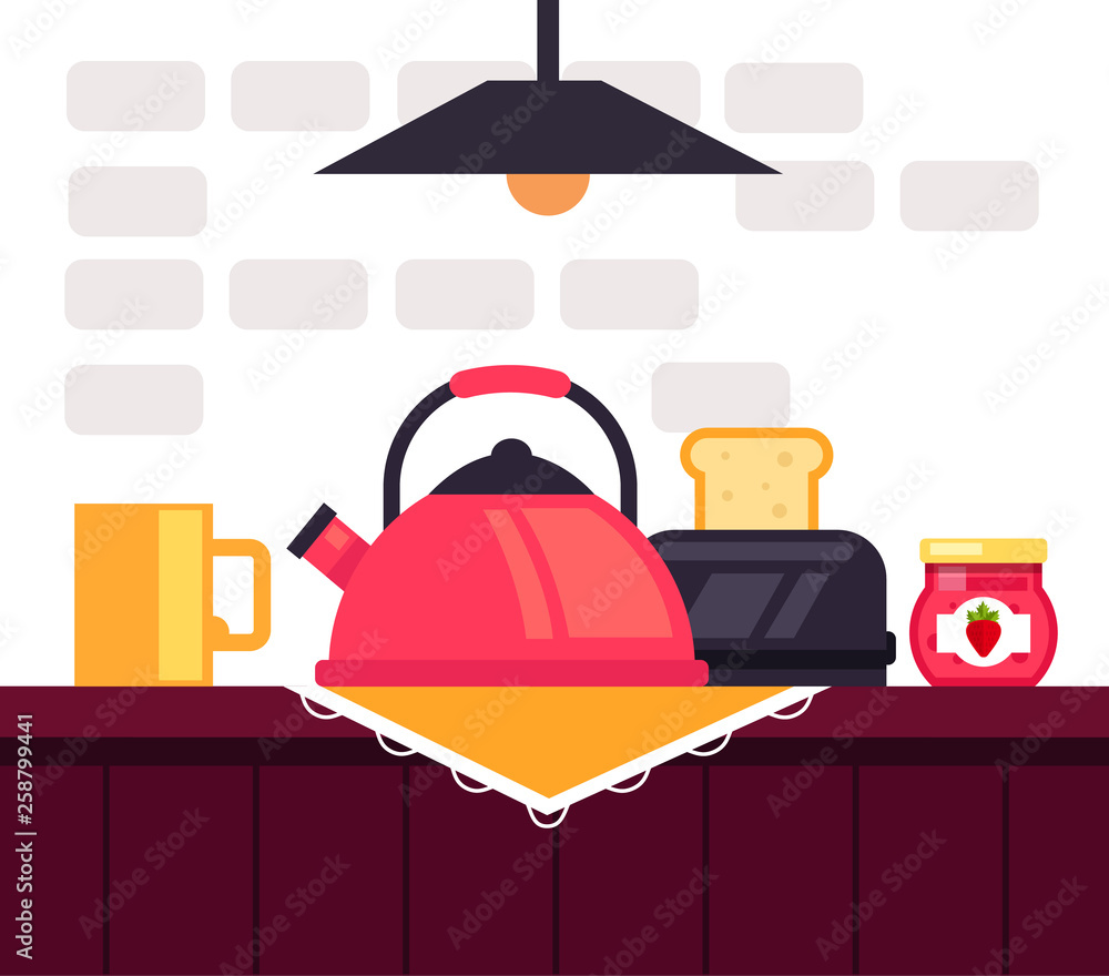 Toast with jam and hot coffee. Traditional morning breakfast. Vector flat graphic design illustration Toast with jam and hot coffee. Traditional morning breakfast. Vector flat graphic design illustration