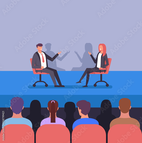 Press conferees business training concept. Two successful people character discussion. Trending class hall vector flat graphic design illustration