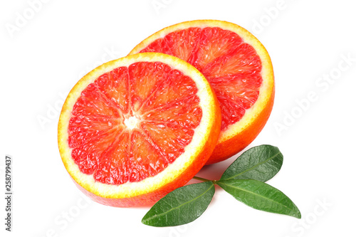 Slice of red blood orange with leaf isolated on white background