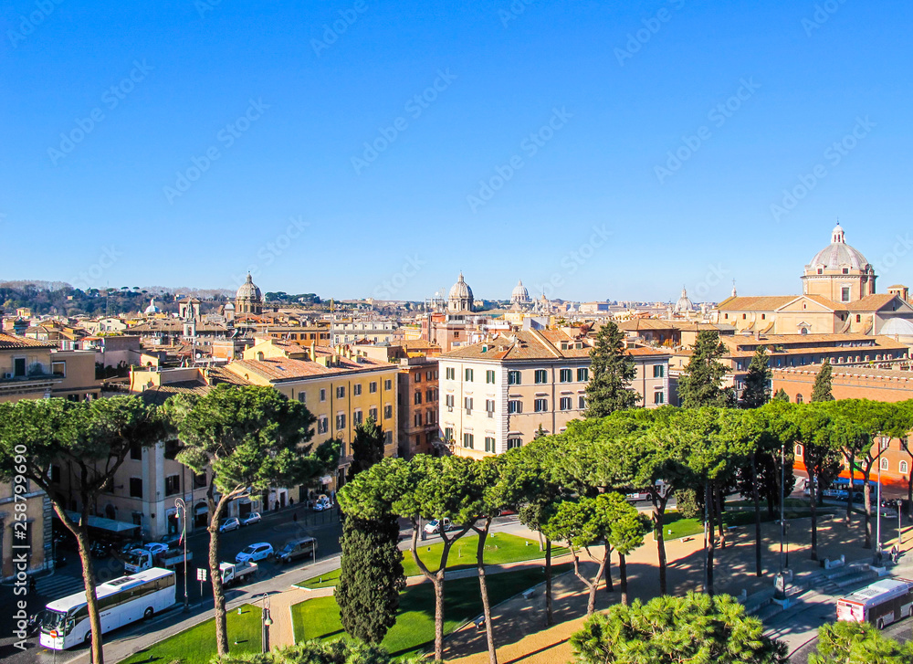 Aerial view of city Rome Italy from Vittorio Emanuele II Monument in winter 2012. Beautiful Italian Stone Pines