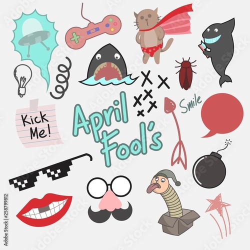 Fototapeta Naklejka Na Ścianę i Meble -  April fool's cartoon, stickers, print, doodles