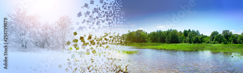 the concept of the change of seasons winter summer with the destruction and expansion of the explosion of pixels photo