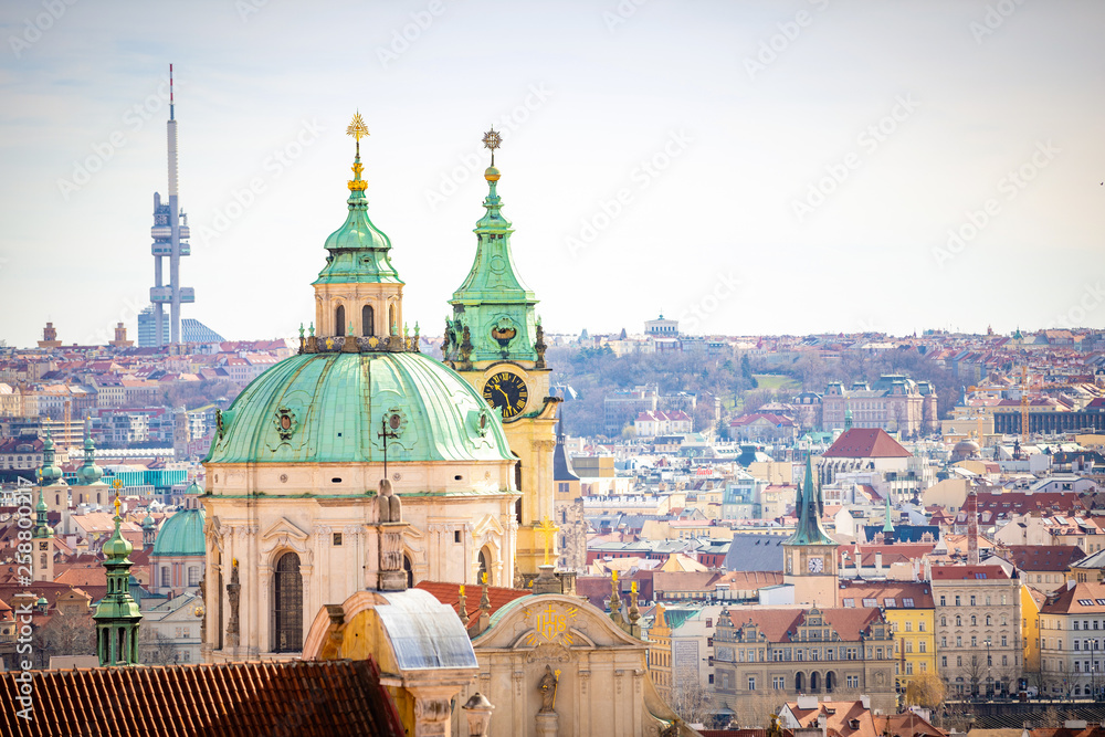 Panoramic view of Prague in sunny spring time