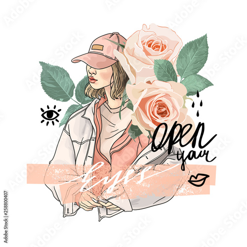 typography slogan with girl and rose illustration