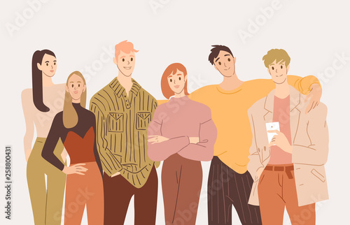 Startup employees. Group portrait of guys and girls. Office workers or clerks standing together