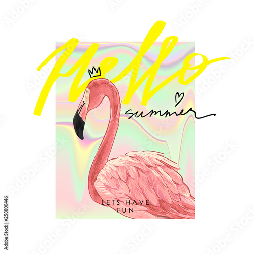 Hello slogan witch flamingo summer illustration