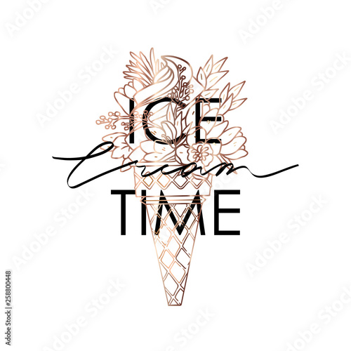Typography slogan ice cream with flowers illustration