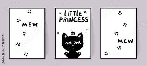 Princess Kitty. Set of monochrome posters with inscription little princess, mew and cat paws. Vector for children room decor. Kitten in crown closed eyes. Illustration isolated on white background.