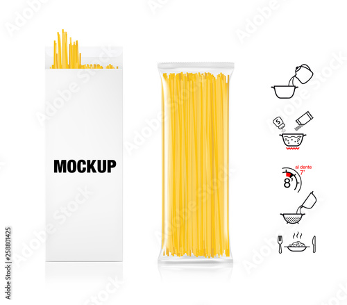 Transparent bag and box with spaghetti pasta on white background. Vector illustration and signs. Can be use for template your design, promo, adv. EPS10.