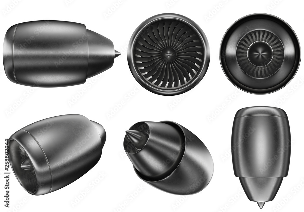 3d illustration turbines set. Jet engine set isolated on white ...