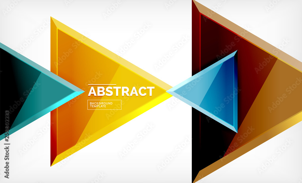 Triangles repetiton geometric abstract background, multicolored glossy triangular shapes, hi-tech poster cover design or web presentation template with copy space
