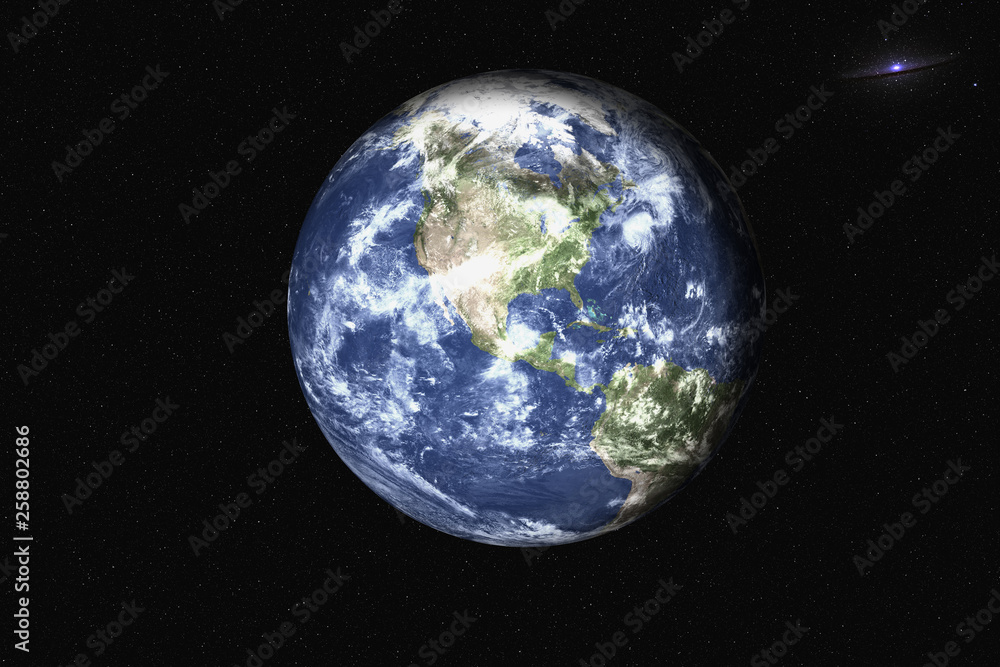 Fototapeta premium Planet Earth of solar system in the space with far galaxy on the background. Blue planet. Science fiction. Elements of this image were furnished by NASA