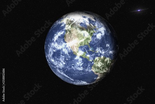 Planet Earth of solar system in the space with far galaxy on the background. Blue planet. Science fiction. Elements of this image were furnished by NASA