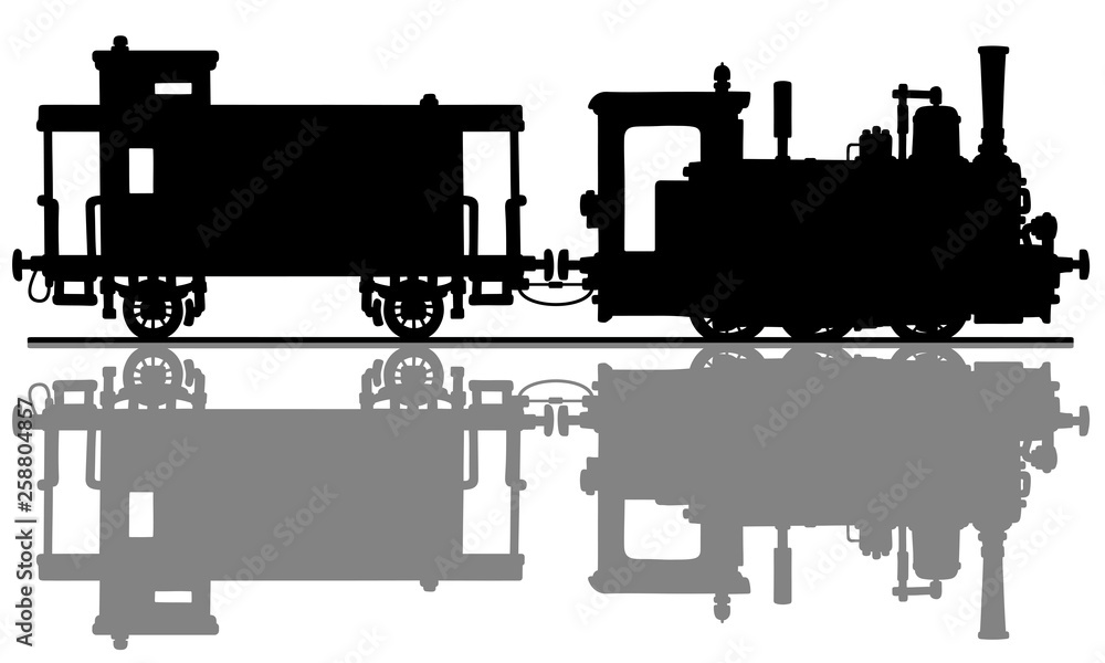 Fototapeta The black silhouette of a vintage small steam locomotive and the post wagon