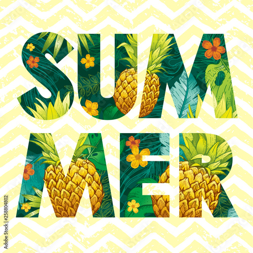 Hello Summer logo with pineapple fruit, tropic leaf pattern. Ananas hand drawn illustration for hawaiian flyer, poster, luau party invitation, print design. Paradise element, vector seamless zig zag