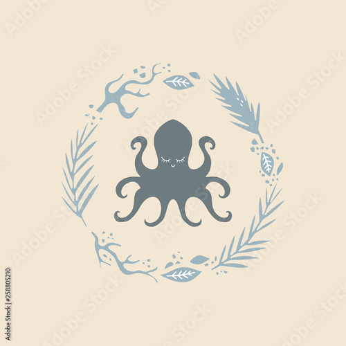 Vector hand drawn octopus, clip art illustration, vintage ethnic style, stylized animal