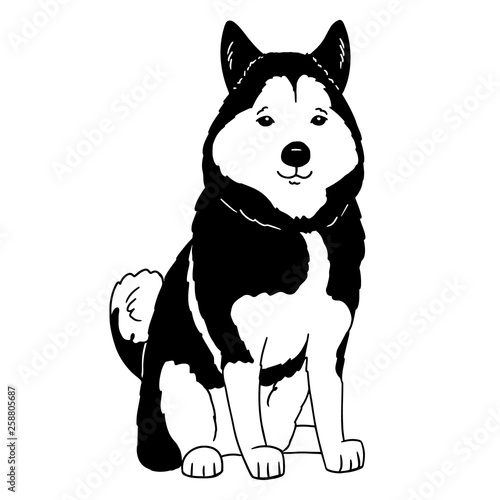 Cartoon husky logo. Portrait of a husky on white background. Black and white dog silhouette. Vector illustration of a pet. Hand drawn black and white animal sketch.