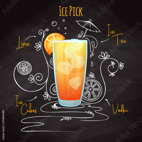 Simple recipe for an alcohol cocktail Ice Pick. Drawing chalk on a blackboard. Vector