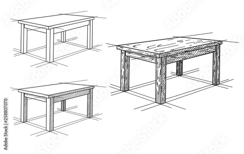 Realistic sketch of different tables in perspective. Table set.