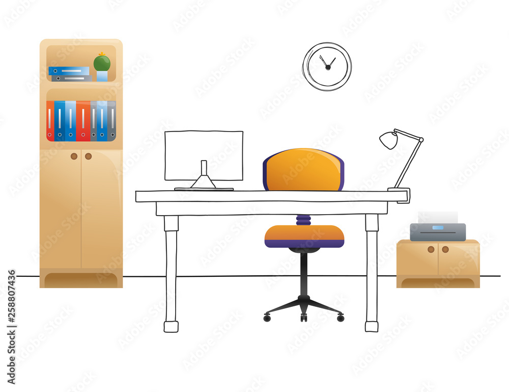 Office chair, desk, various objects on the table. Workspace in flat style. Vector Office chair, desk, various objects on the table. Workspace in flat style. Vector