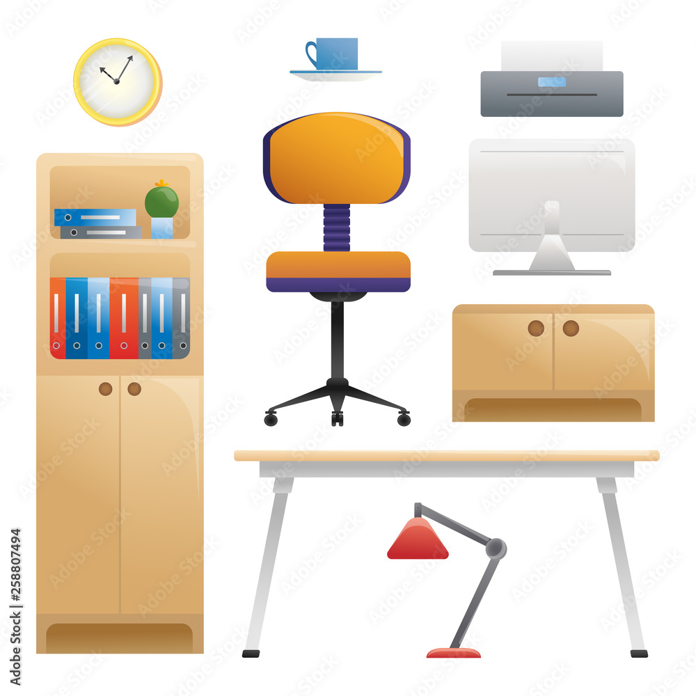 Set of different interior elements. Work room. Vector illustration Set of different interior elements. Work room. Vector illustration