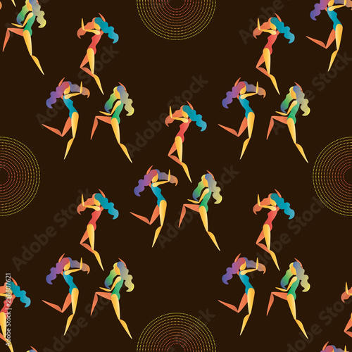 abstract bright color dancing girls on a dark background seamless pattern