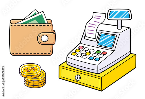 Wallet with money, coins stack, cash register vector isolated.