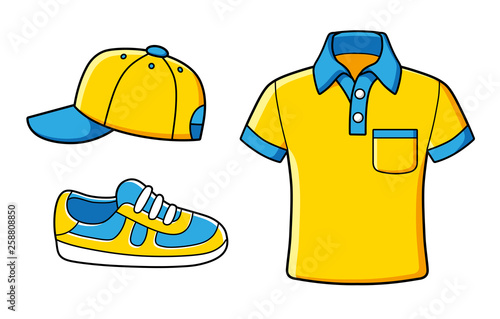 Yellow blue baseball cap, sneaker, polo shirt. Icons isolated.