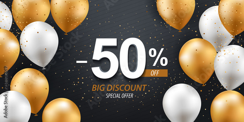 Fifty percent discount. Gold and white balloons with confetti on black background.