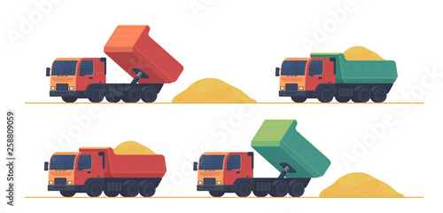 Dumper truck. A set of trucks, unloading and carrying soil and construction materials on building site.