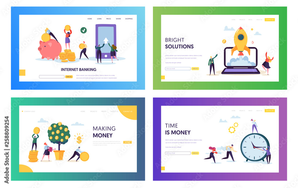 Increase Own Capital Landing Page Set. Bright Solution and Smart Choice Save and Earn Money. Internet Banking Access Account Whole Time Website or Web Page. Flat Cartoon Vector Illustration