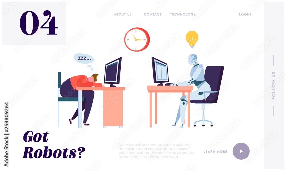 Robot Working All Time Landing Page. Character Sleeping on Workplace. Machine can Process Information Constantly Without Stopping Website or Web Page. Flat Cartoon Vector Illustration Robot Working All Time Landing Page. Character Sleeping on Workplace. Machine can Process Information Constantly Without Stopping Website or Web Page. Flat Cartoon Vector Illustration